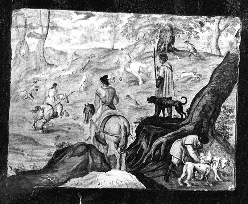 scena di caccia (mattonella) di Cappelletti Candeloro (attribuito) (sec. XVIII)