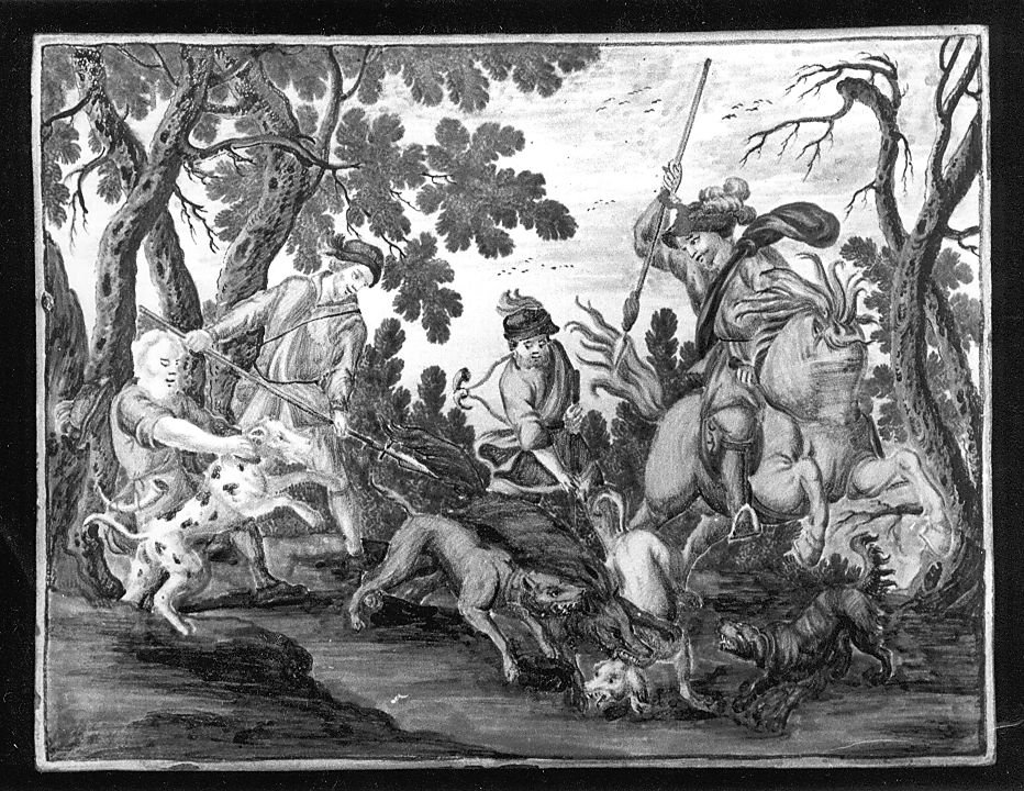 scena di caccia (mattonella) di Cappelletti Candeloro (attribuito) (sec. XVIII)
