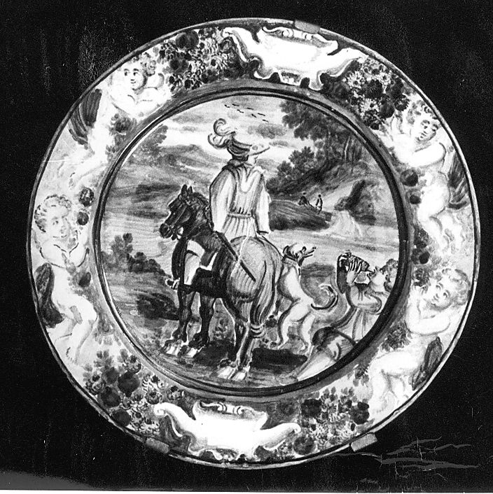 scena di caccia (piattello) di Cappelletti Candeloro (attribuito) (sec. XVIII)