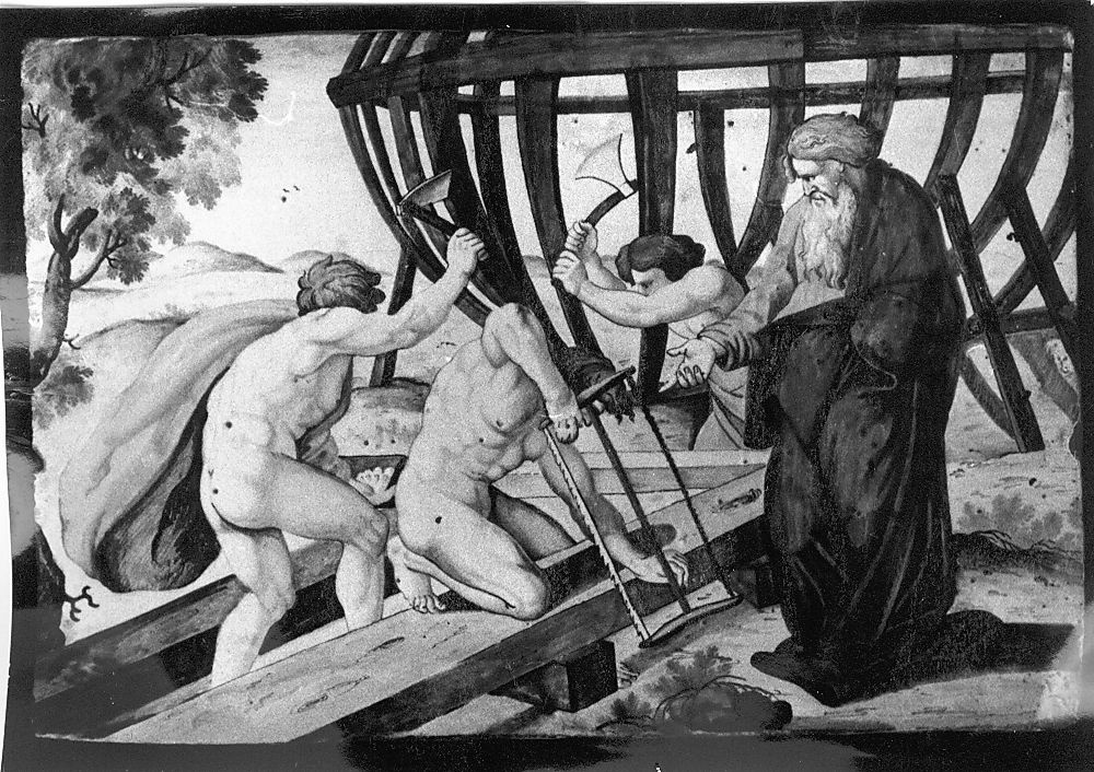 costruzione dell'arca di Noè (mattonella) di Terchi Bartolomeo (attribuito) (sec. XVIII)