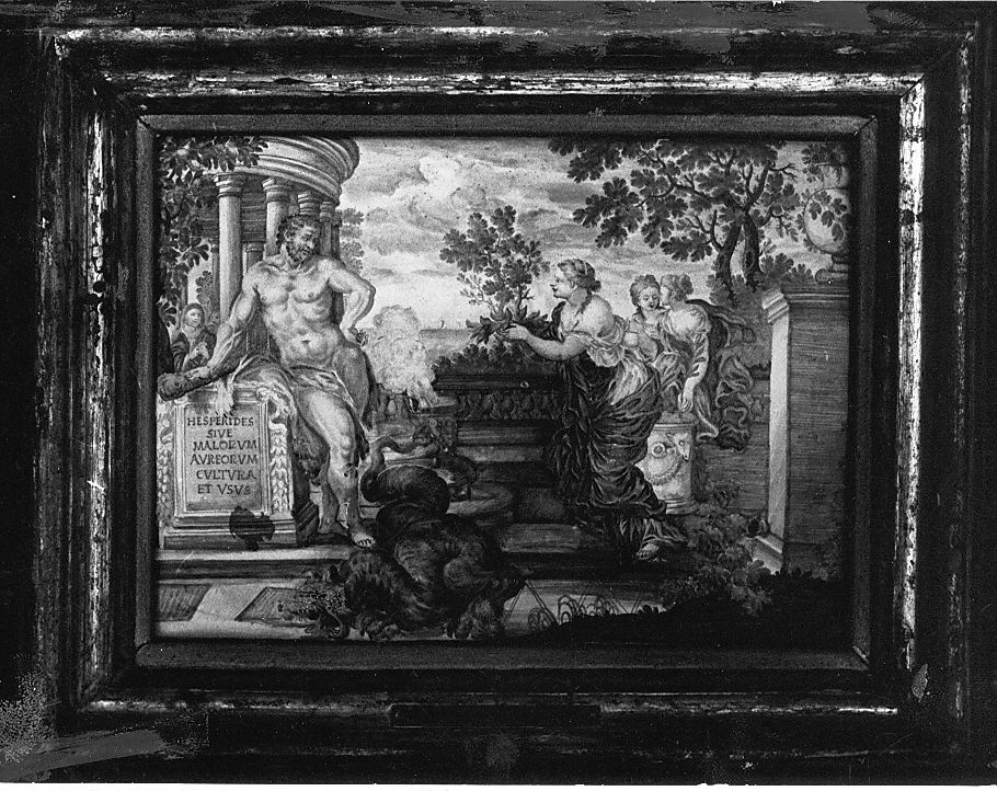 Ercole nel giardino delle Esperidi (mattonella) di Grue Francesco Saverio di Giovanni (attribuito) (sec. XVIII)