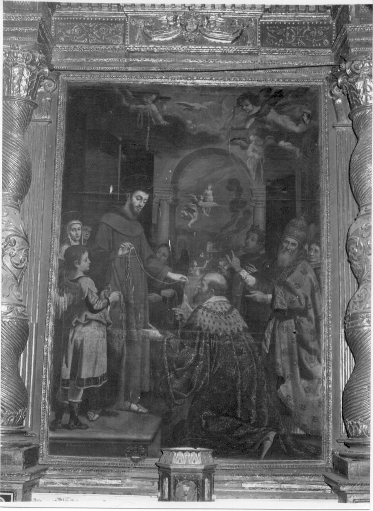 San Francesco dona il cordone monastico a Luigi di Francia, San Francesco dona il cordone monastico a Luigi di Francia (dipinto, opera isolata) di Bedeschini Giulio Cesare (attribuito) (sec. XVII)