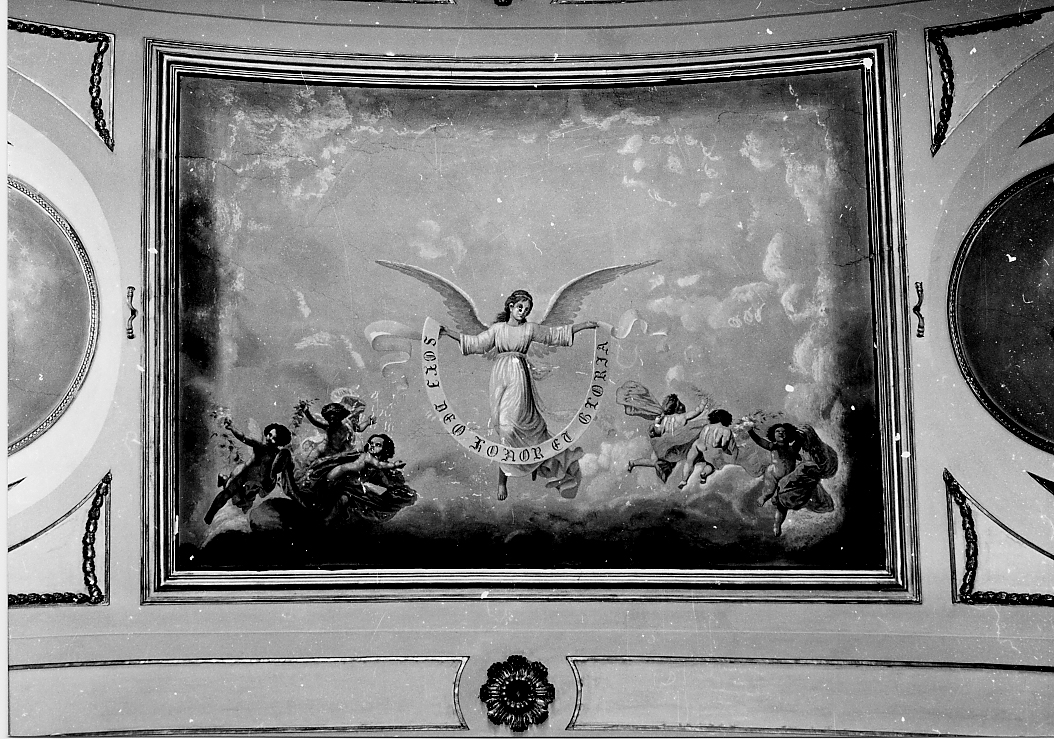 angelo con cartiglio, angioletti con fiori (dipinto) di Maddalena C (sec. XX)