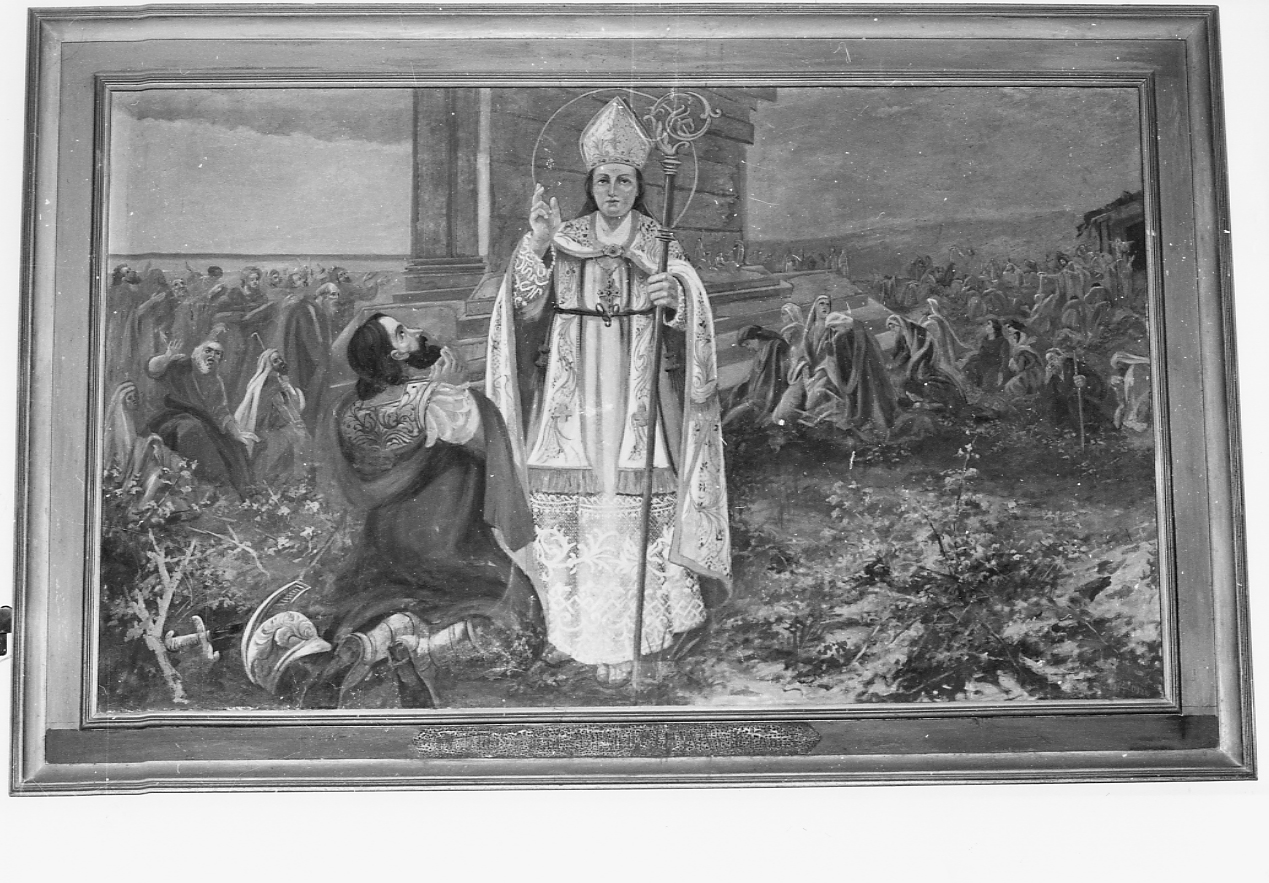 San Leucio benedicente, San Leucio benedicente (dipinto, opera isolata) di Bizzoni E (attribuito) (sec. XX)