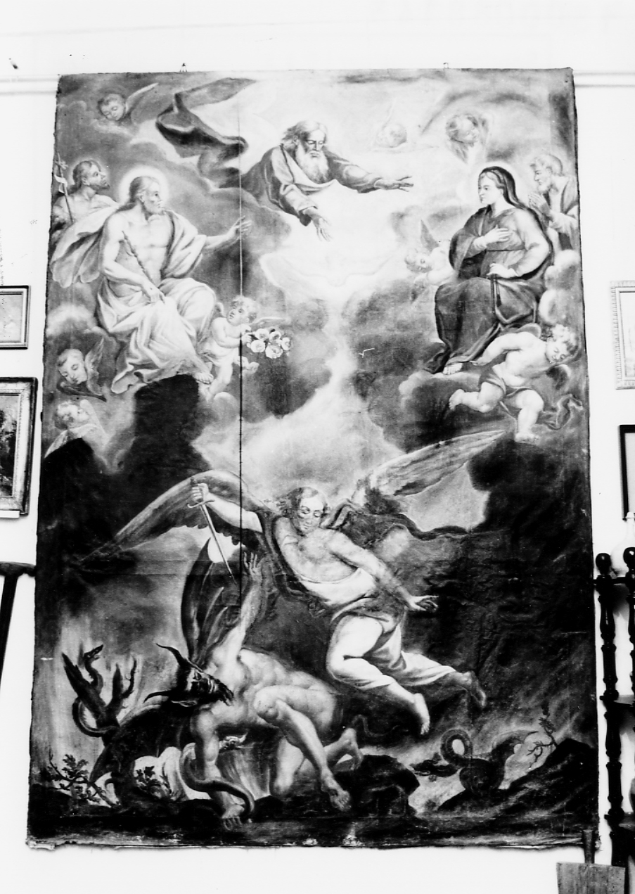 San Michele Arcangelo combatte contro satana, Trinità e la Madonna con i santi Giuseppe e Giovanni Battista tra cherubini (dipinto, opera isolata) - ambito Italia centrale (sec. XVIII)