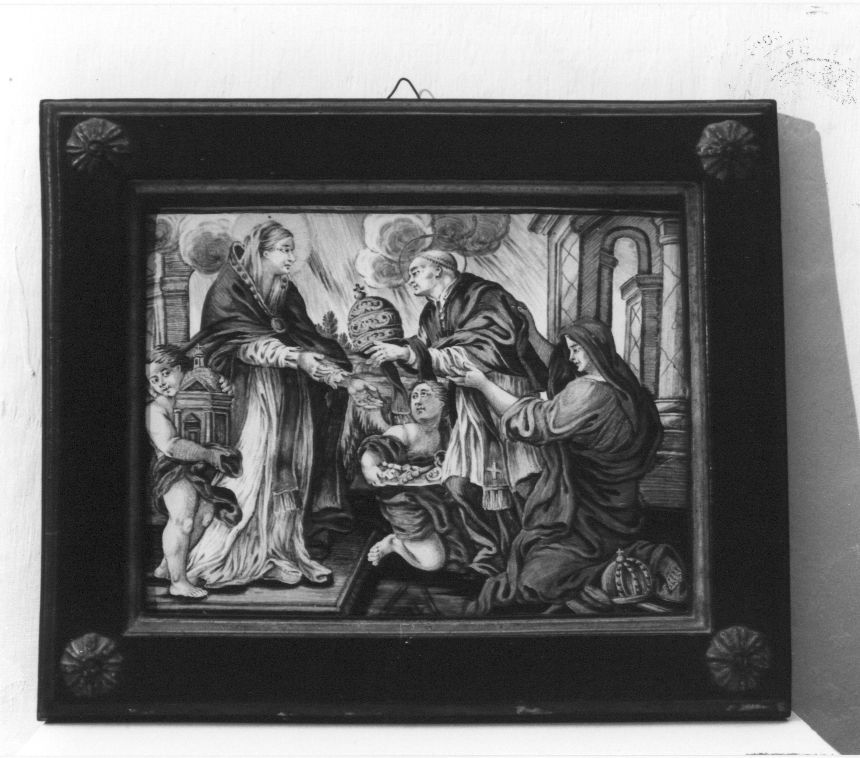 Papa Clemente offre la tiara alla Vergine (?), scena sacra (mattonella) di Gentile Aniello (bottega) (fine/inizio secc. XVII/ XVIII)