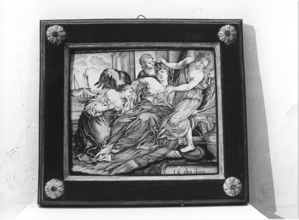 Morte di Didone, scena sacra (mattonella) di Gentile Aniello (bottega) (fine/inizio secc. XVII/ XVIII)