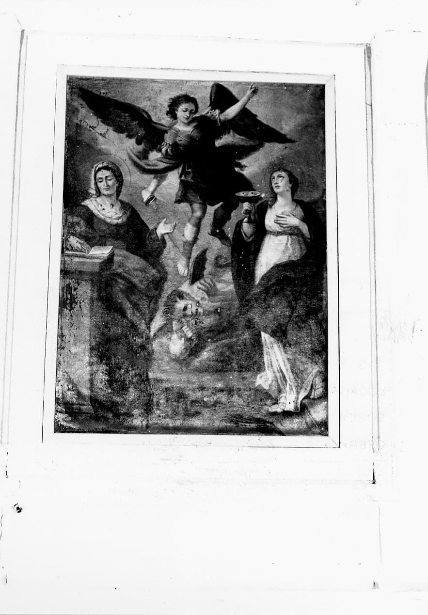 San Michele Arcangelo combatte contro Satana, Santa Lucia e una Santa (dipinto, opera isolata) - ambito Italia centrale (fine/inizio secc. XVII/ XVIII)