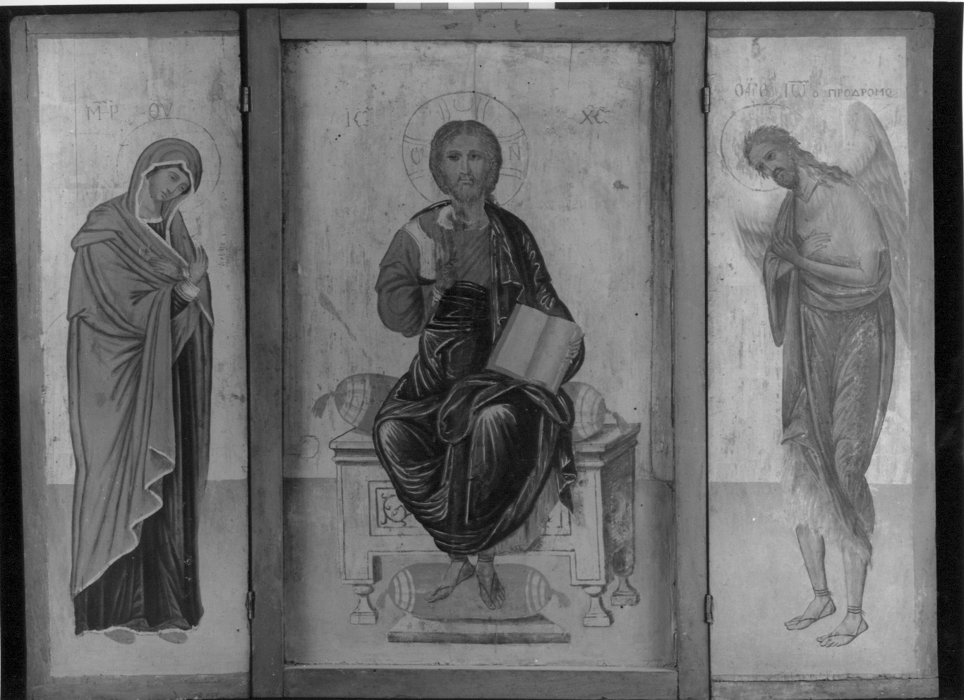 Cristo in trono con ai lati la Madre di Dio e Giovanni Battista (Deisis), Cristo in trono con la Madonna e un Santo (icona) - produzione greca (prima metà sec. XIX)