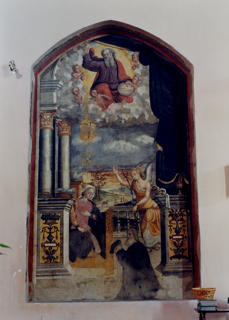 ANNUNCIAZIONE E COMMITTENTE (dipinto, opera isolata) di Pagani Vincenzo (bottega) (seconda metà sec. XVI)