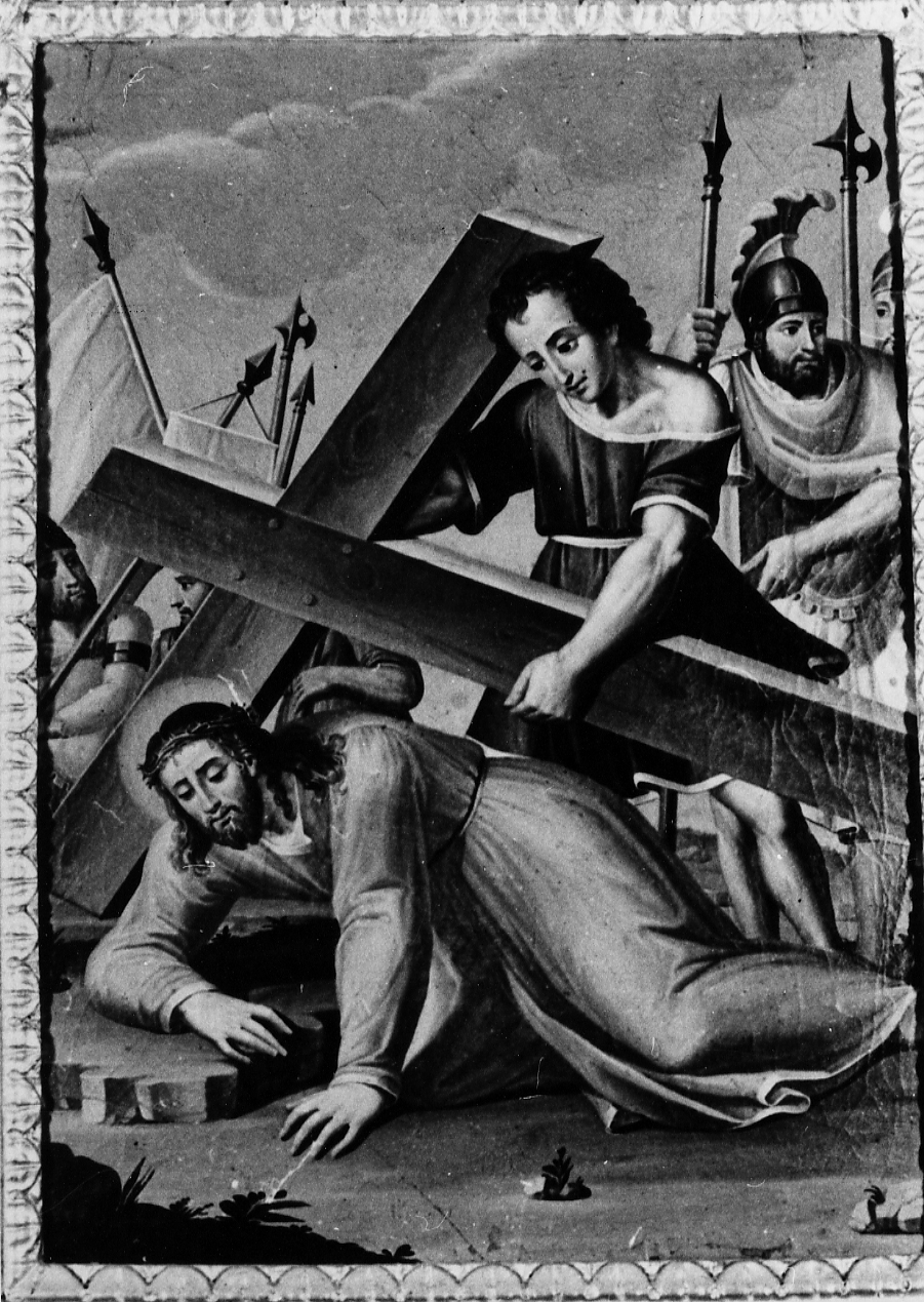 STAZIONE V: GESU' AIUTATO DA SIMONE IL CIRENEO A PORTARE LA CROCE (dipinto, serie) di De Benedictis Francesco Maria (sec. XIX)