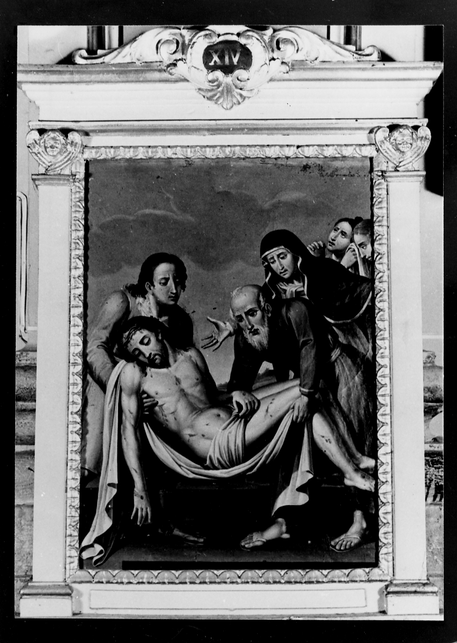 STAZIONE XIV: GESU' DEPOSTO NEL SEPOLCRO (dipinto, serie) di De Benedictis Francesco Maria (sec. XIX)
