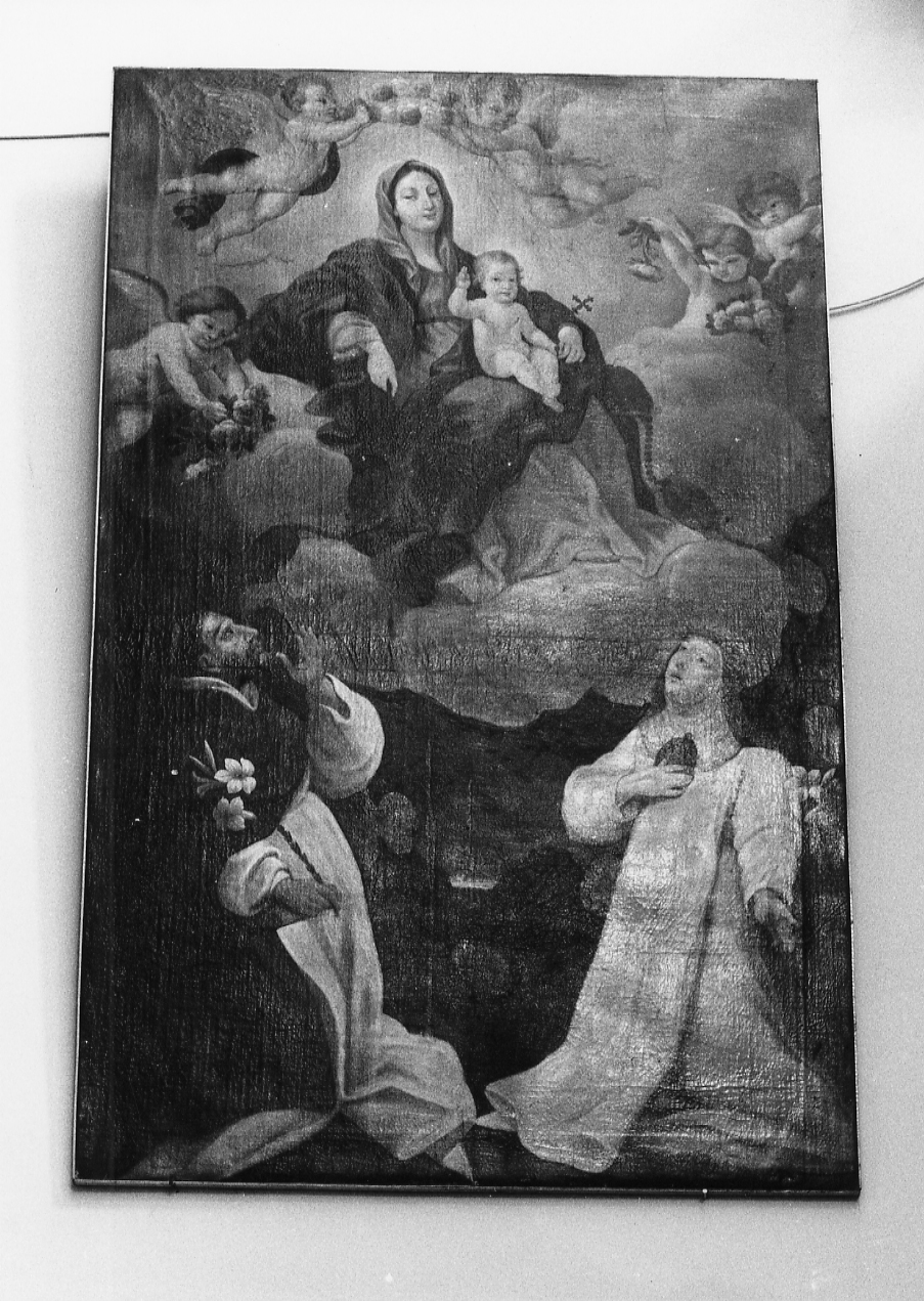 MADONNA CON BAMBINO TRA ANGELI CON SAN DOMENICO E SANTA CATERINA DA SIENA (dipinto, opera isolata) - ambito abruzzese (sec. XVIII)