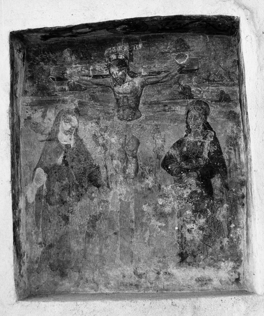 crocifissione di Cristo con la Madonna, San Giovanni Evangelista, Stephaton e Longino (dipinto) - ambito Italia centrale (sec. XVI)
