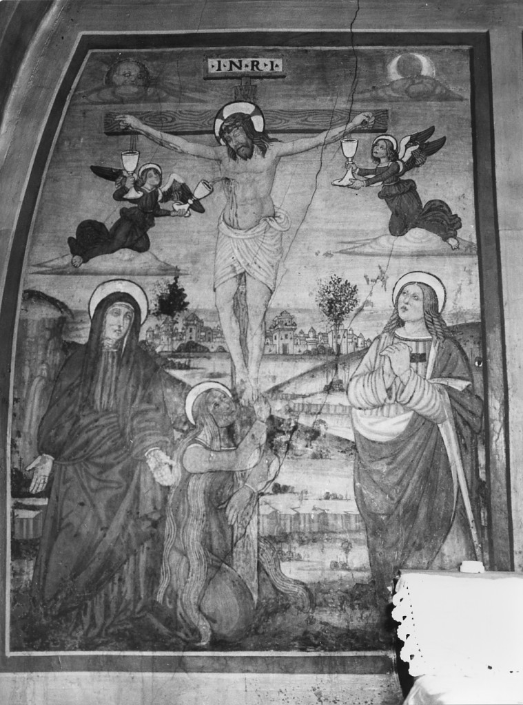 Crocifissione di Cristo con la Madonna, Santa Maria Maddalena, San Giovanni Evangelista (dipinto) - ambito Italia centrale (sec. XVI)