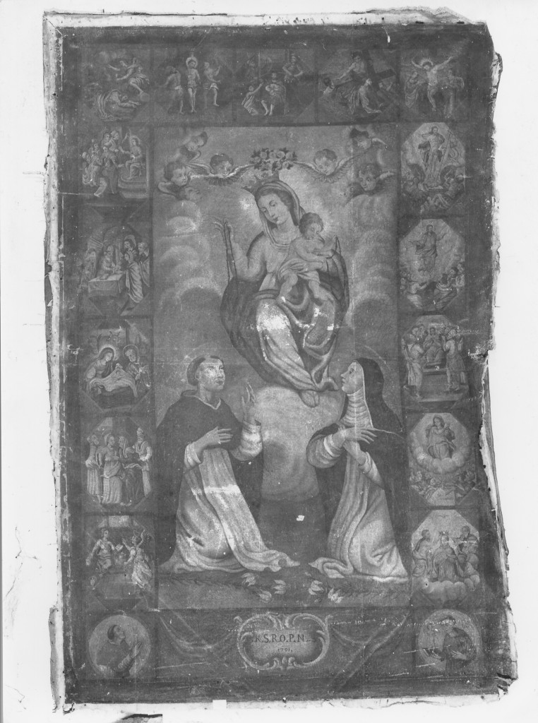 Madonna del Rosario con Santi domenicani e misteri del rosario (dipinto) - ambito Italia centrale (sec. XVIII)