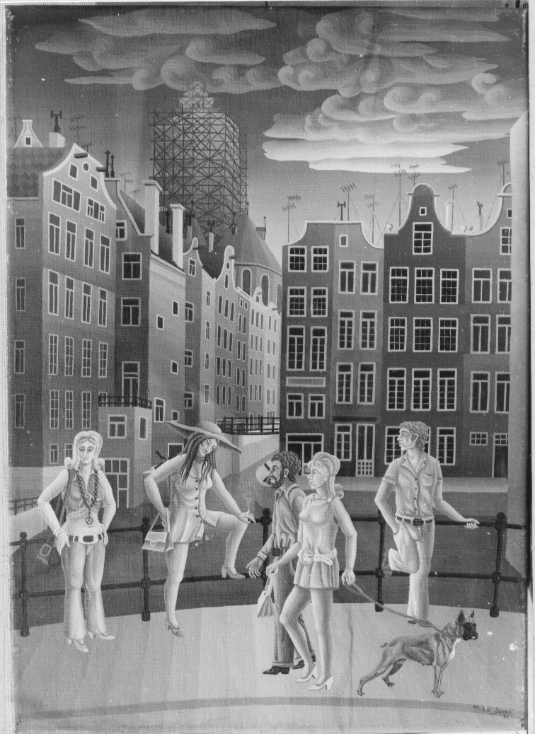 Paesaggio sui canali di Amsterdam (dipinto) di La Spina Marcello (sec. XX)