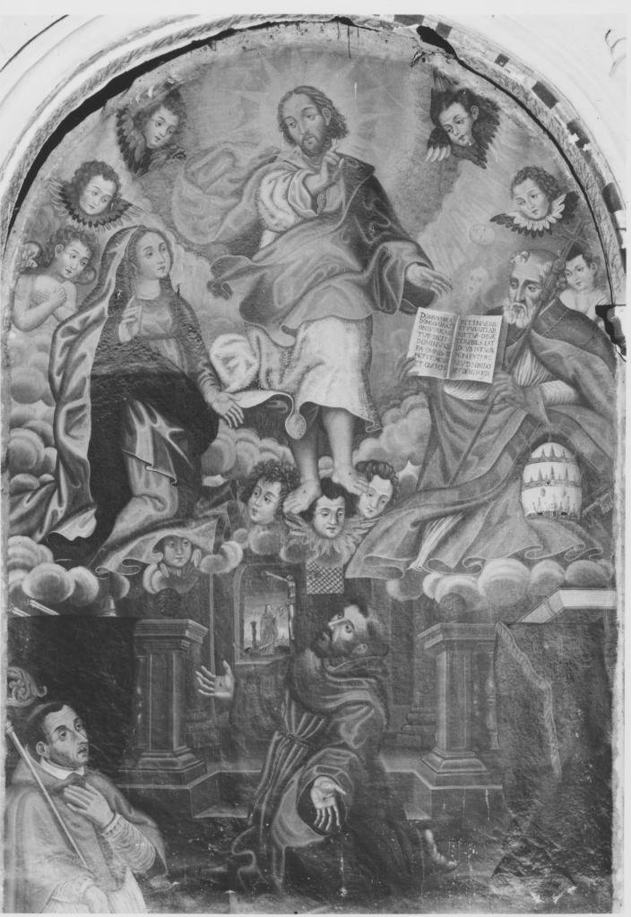 La Porziuncola, Cristo risorto tra la Vergine e Santo Vescovo, adorato da San Francesco d'Assisi e San Carlo Borromeo (dipinto) - ambito lucano (prima metà sec. XVII)