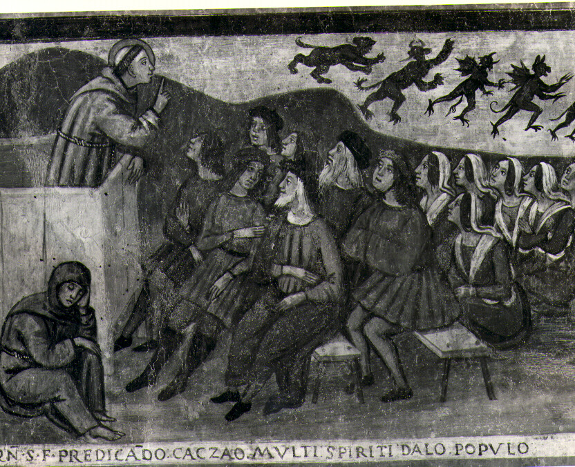 San Francesco d'Assisi scaccia i demoni dal popolo, episodi della vita di San Francesco d'Assisi (dipinto, elemento d'insieme) di Luce Giovanni (sec. XVI)