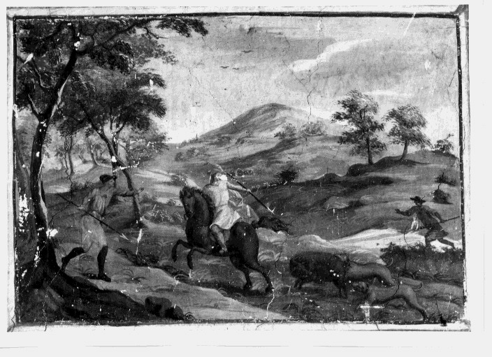 Caccia al cinghiale, scena di caccia (dipinto) - ambito Italia meridionale (fine/inizio secc. XVIII/ XIX)