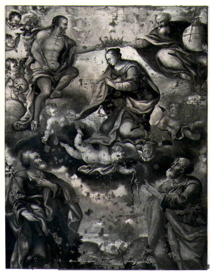 Incoronazione di Maria Vergine tra San Giuseppe e San Pietro, incoronazione di Maria Vergine (dipinto) - ambito lucano (sec. XVI)