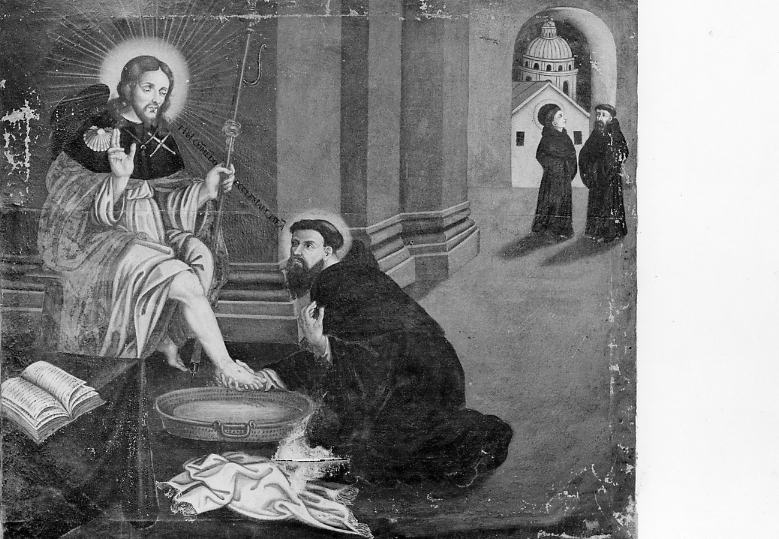 Sant'Agostino lava i piedi di Cristo nelle vesti di pellegrino (dipinto) - ambito Germania settentrionale (prima metà sec. XVII)