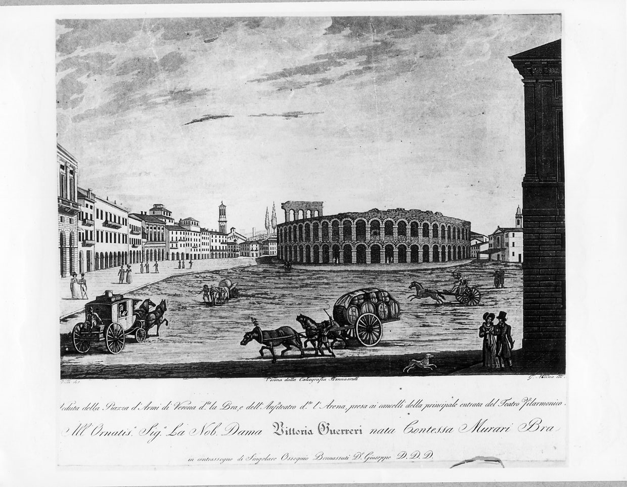 Veduta della Piazza d'Armi e dell'Anfiteatro a Verona (stampa smarginata) di Maina Giacinto (sec. XIX)