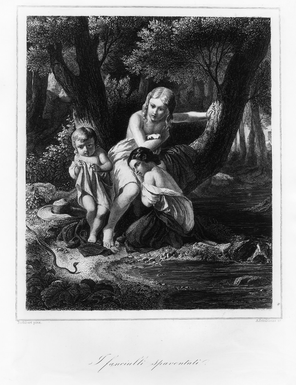 Tre fanciulli spaventati da un serpente (stampa smarginata) di Schultheiss Albrecht Furchtegott, Rothbart Ferdinand (seconda metà sec. XIX)