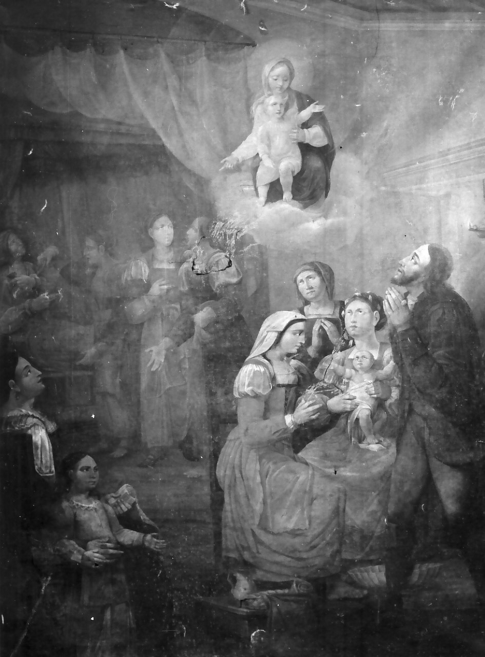 nascita di San Francesco di Paola, Madonna con Bambino e altri personaggi (dipinto) di Comacci Nicola (sec. XIX)
