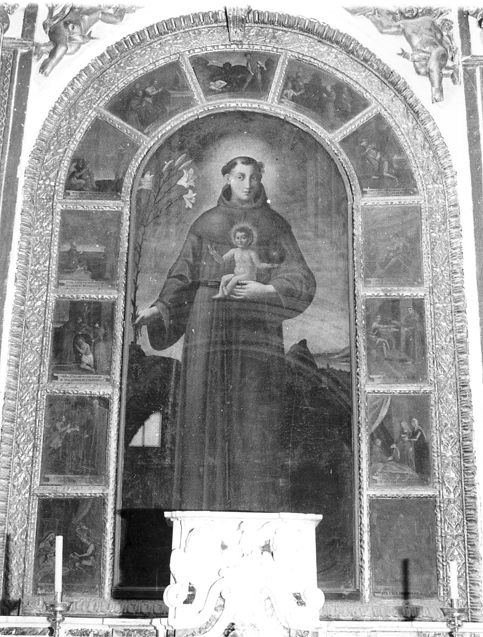 Sant'Antonio da Padova con il bambino e scene della vita del santo (dipinto, opera isolata) - ambito Italia meridionale (fine/inizio secc. XVI/ XVII)