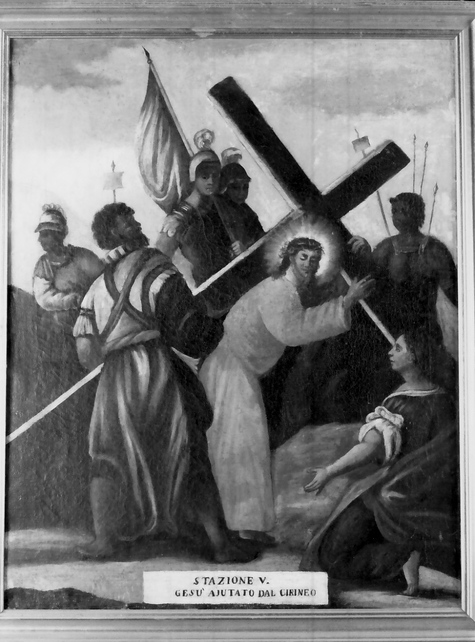 stazione V: Gesù aiutato da Simone il Cireneo a portare la croce (dipinto, elemento d'insieme) di Basile Gaetano (sec. XIX)