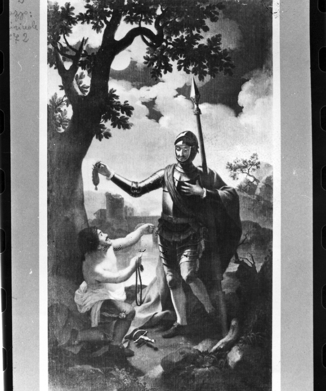 Don Chisciotte si fa frustare da Sancio per disciogliere Dulcinea dall'incantesimo, episodio della storia di Don Chisciotte (dipinto) di Guastaferro Antonio (sec. XVIII)