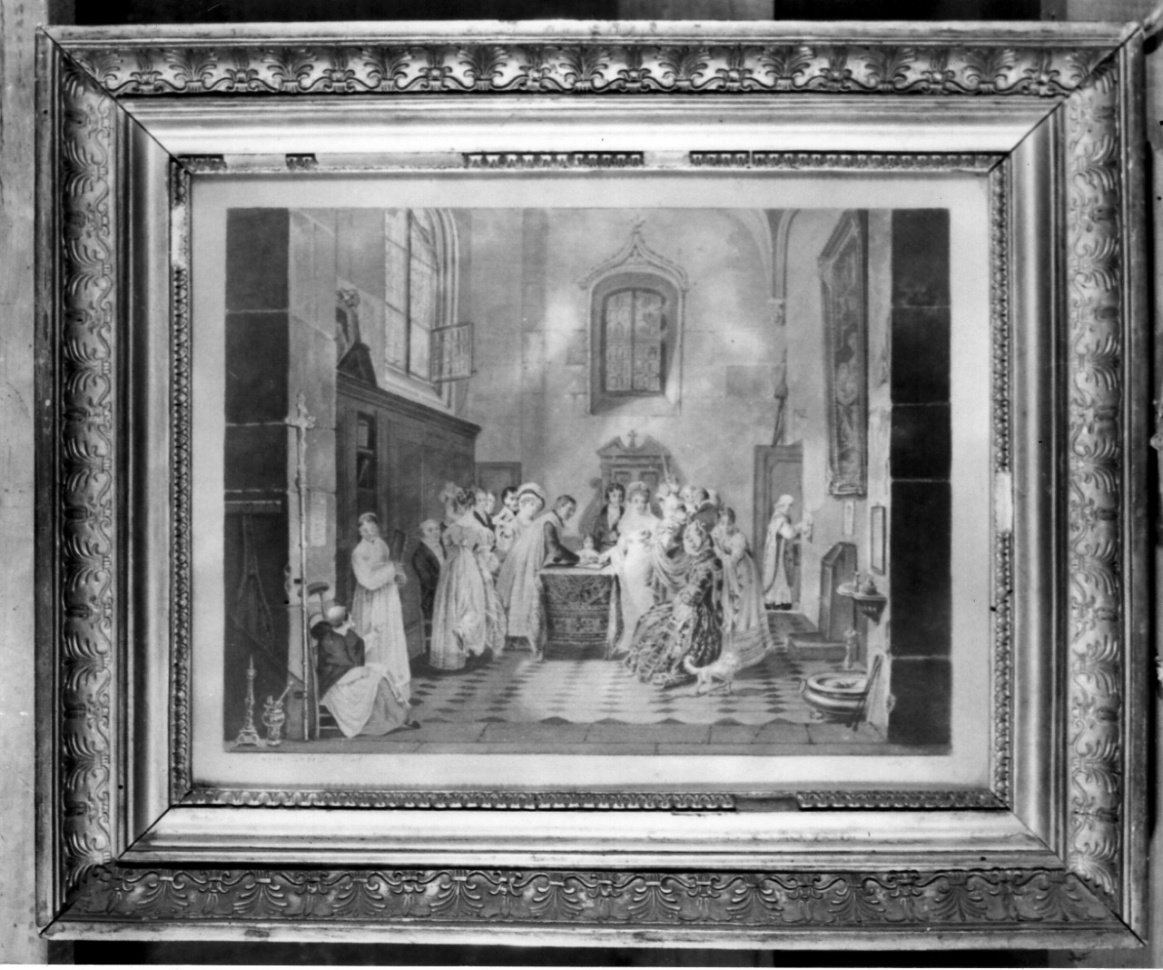 sagrestia con cerimonia nuziale (dipinto) di Di Borbone Leopoldo (sec. XIX)