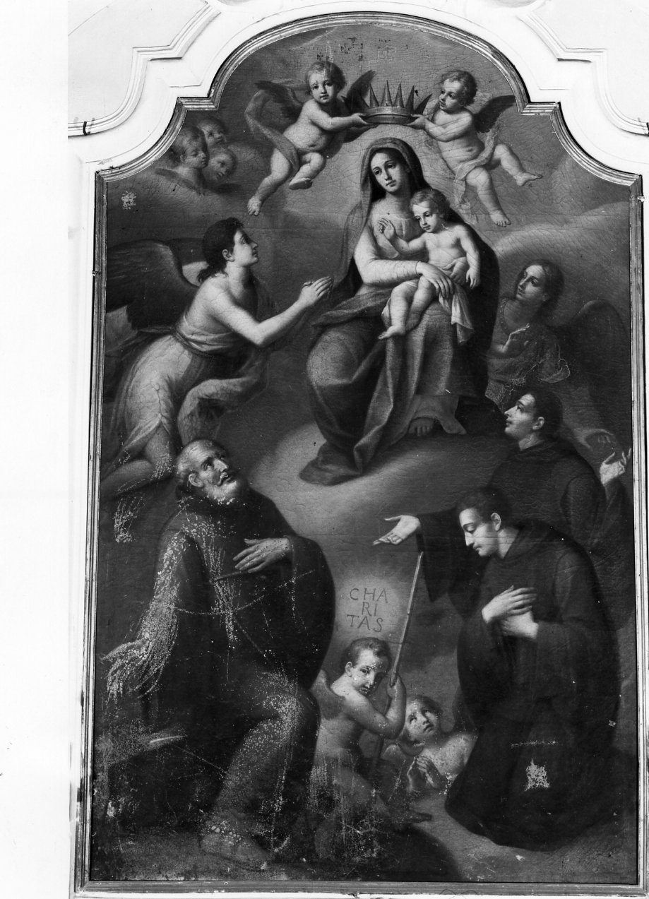 incoronazione di Maria Vergine con San Francesco d'Assisi, San Francsco di Paola e frati francescani (dipinto) - ambito campano (fine/inizio secc. XVIII/ XIX)