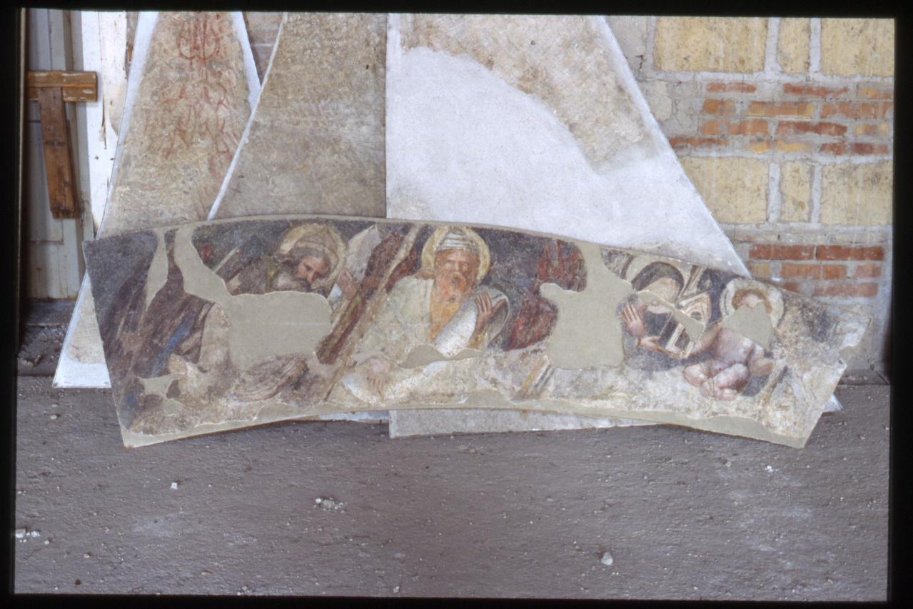 Madonna che offre una cappella a Gesù Bambino e santi con cartigli (dipinto, frammento) di Maestro Delle Storie Di San Ladislao (primo quarto sec. XV)