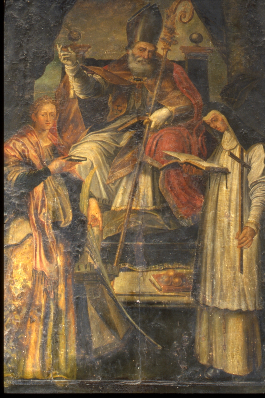 San Nicola di Bari tra Santa Barbara e Santa Caterina da Siena (dipinto) di Buono Silvestro (fine sec. XVI)