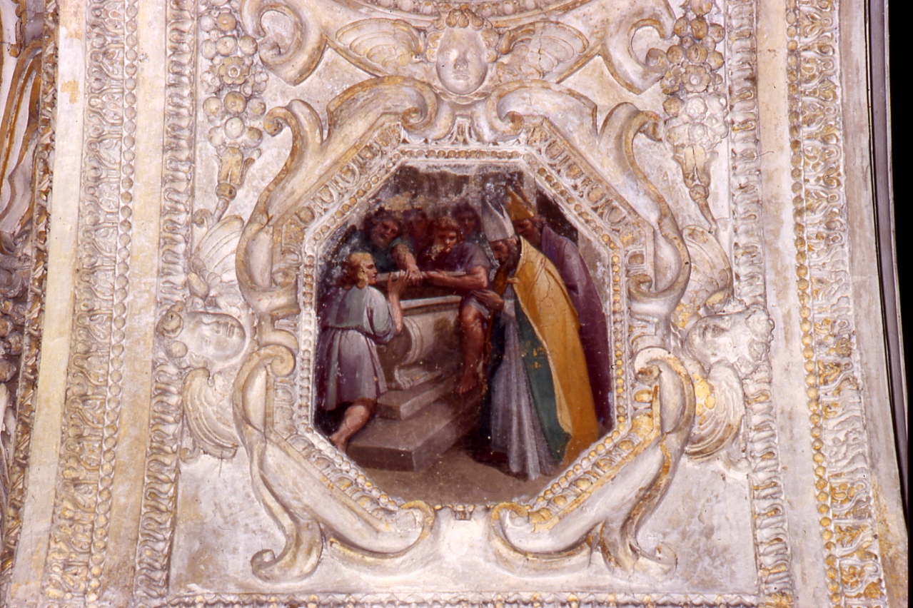 San Raimondo presenzia all'apertura di un sarcofago (dipinto, elemento d'insieme) di Azzolino Giovanni Bernardino (primo quarto sec. XVII)