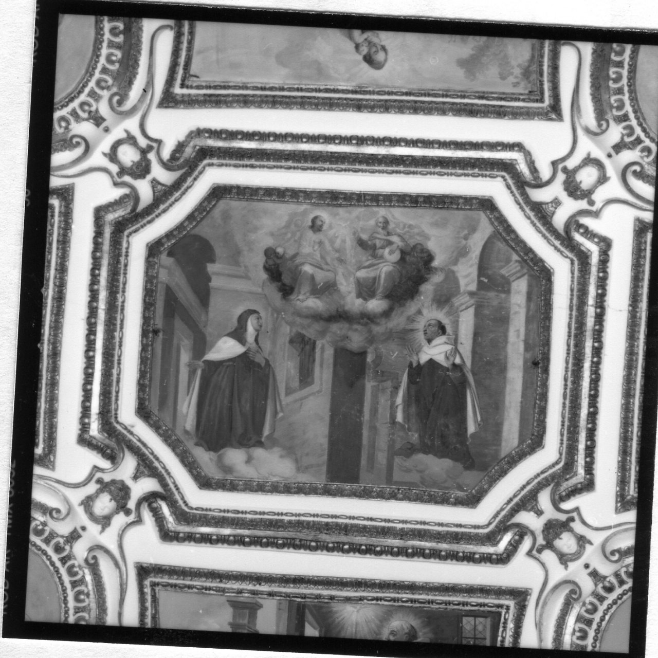 Santa Teresa d'Avila e San Giovanni della Croce hanno la visione della Trinità (dipinto) di Azzolino Giovanni Bernardino (sec. XVII)