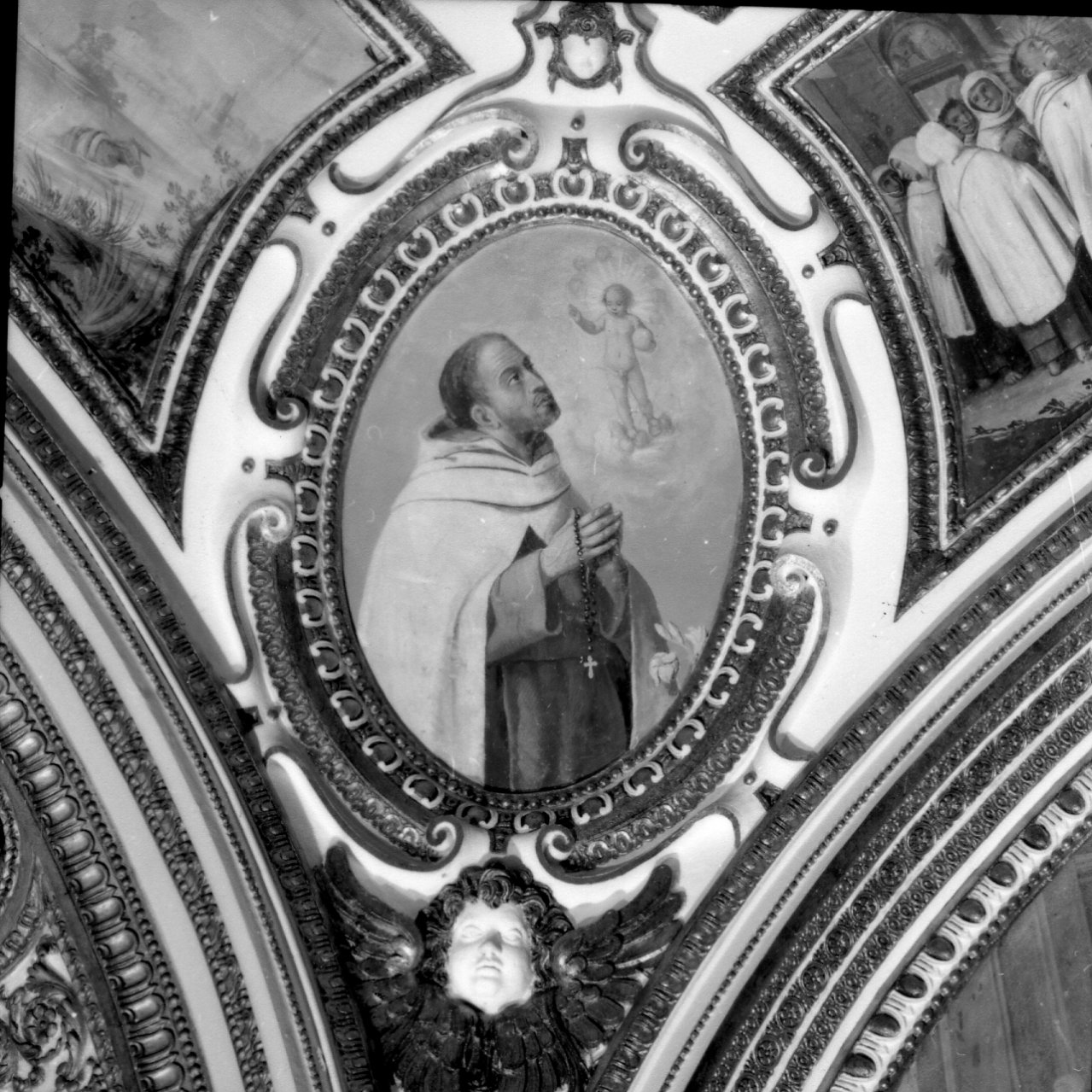 Santo carmelitano ha la visione di Gesù Bambino pantocratore (dipinto) di Azzolino Giovanni Bernardino (sec. XVII)