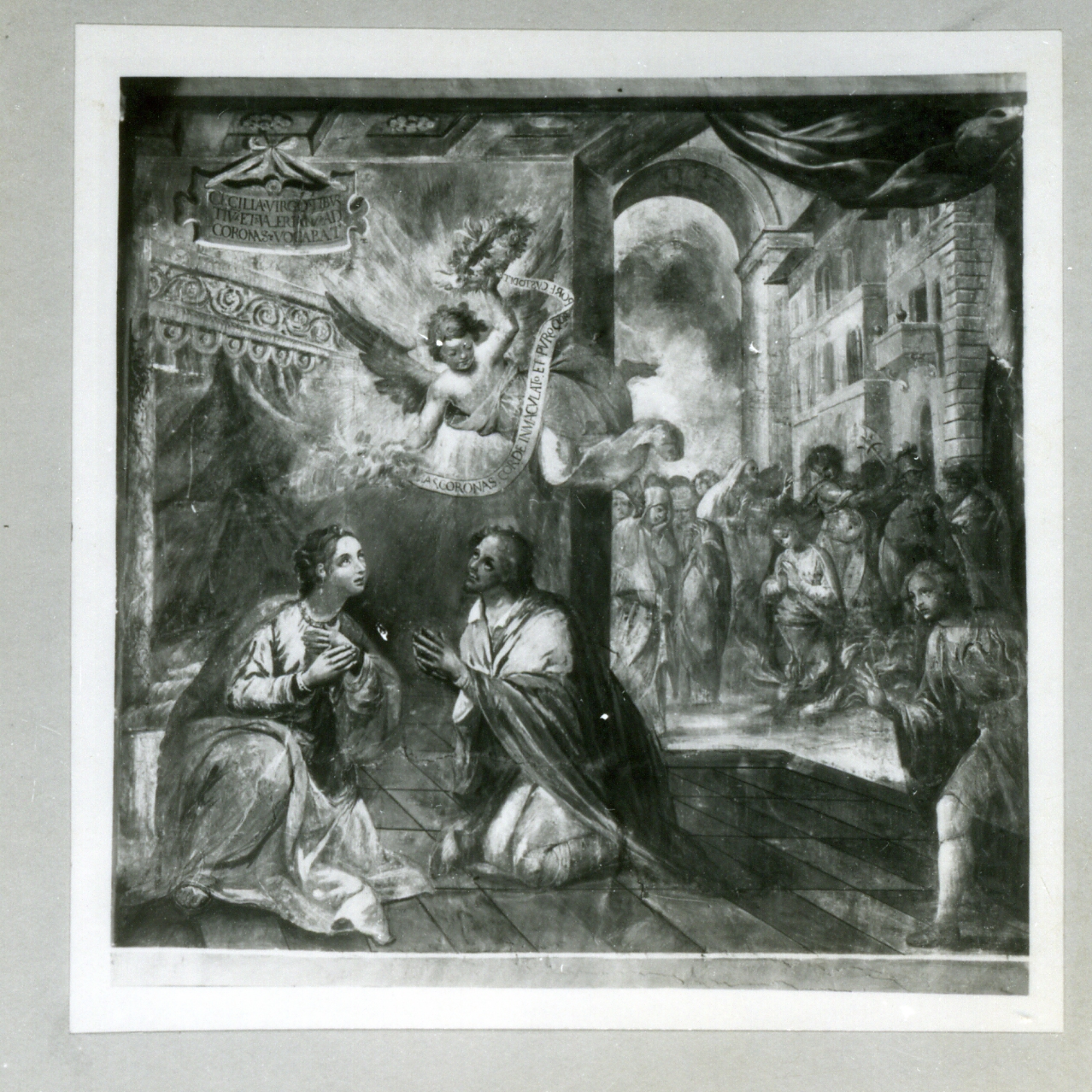 Santa Cecilia e San Valeriano incoronati da un angelo (dipinto, elemento d'insieme) di Corenzio Belisario (sec. XVI)