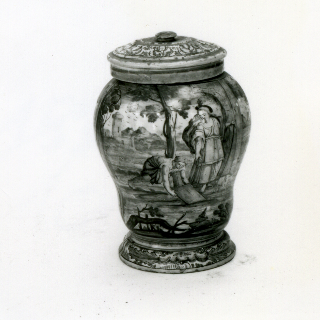 Giacobbe e Rachele al pozzo (vaso da farmacia, serie) di Massa Donato (e aiuti) (metà sec. XVIII)