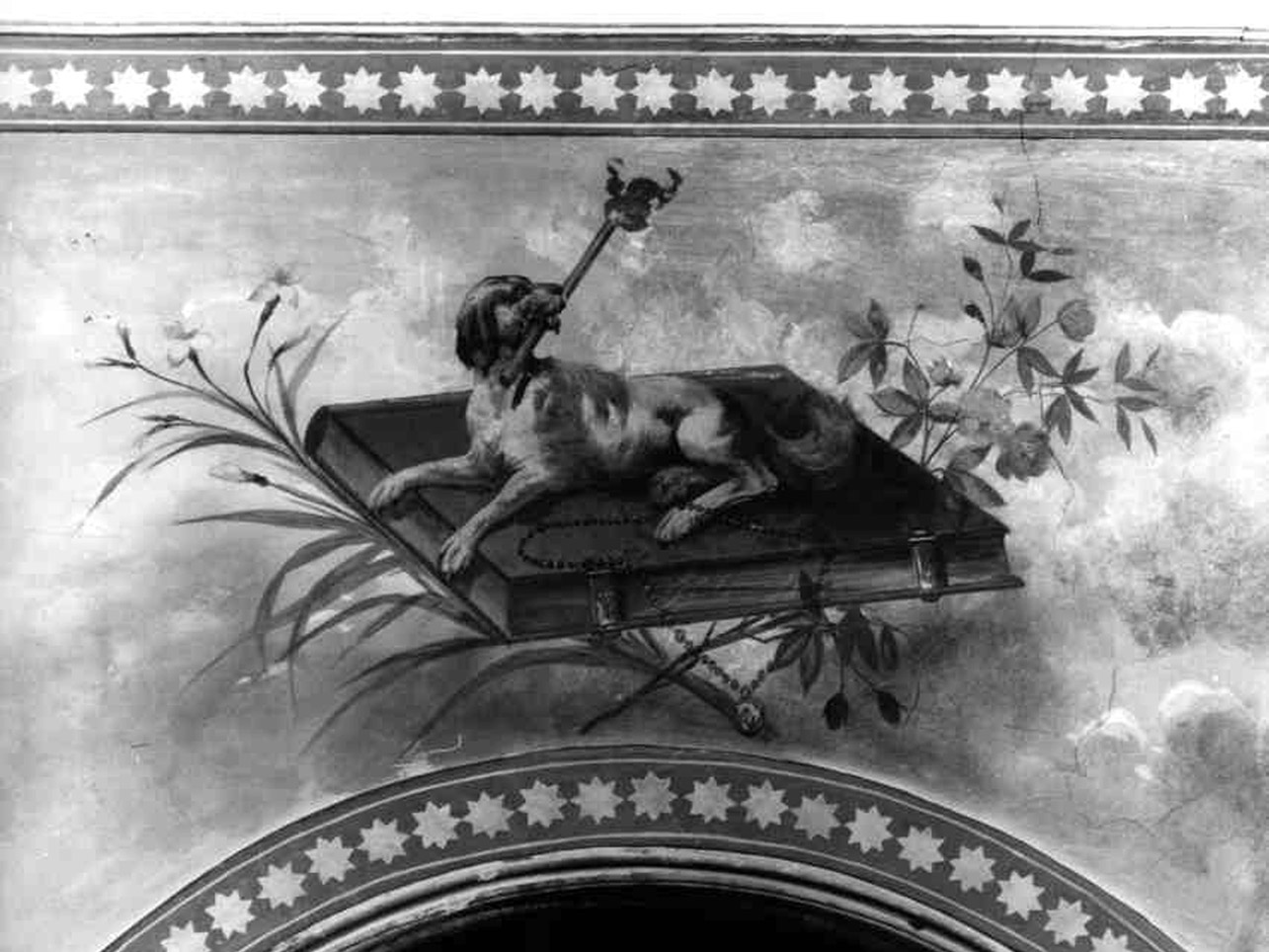 cane con simboli dell'ordine domenicano e del santissimo rosario (dipinto) - ambito napoletano (inizio sec. XX)