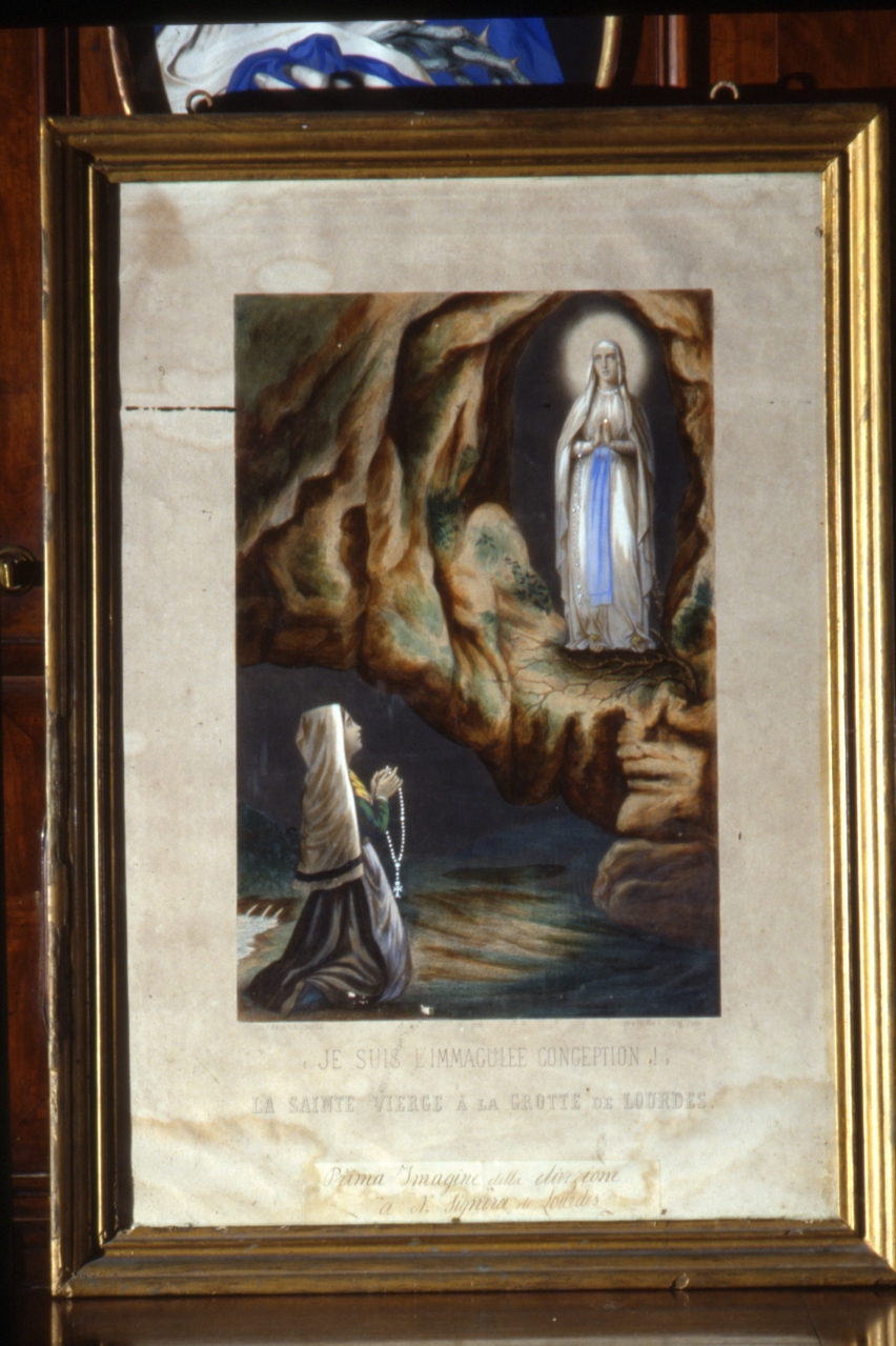 apparizione della Madonna di Lourdes (stampa colorata a mano) - ambito francese (sec. XIX)