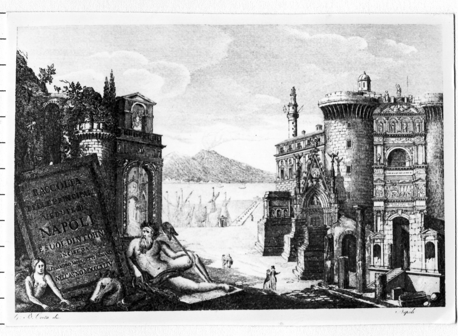 veduta del castello Maschio Angioino (stampa) di Moschetti Alessandro, Costa G. B (sec. XIX)