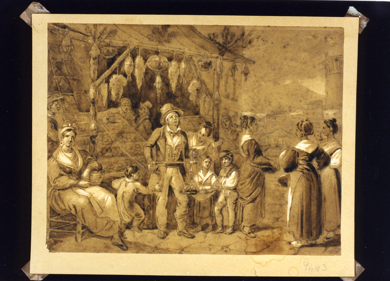 scena popolare a Largo di castello a Napoli (disegno) - ambito napoletano (secondo quarto sec. XIX)