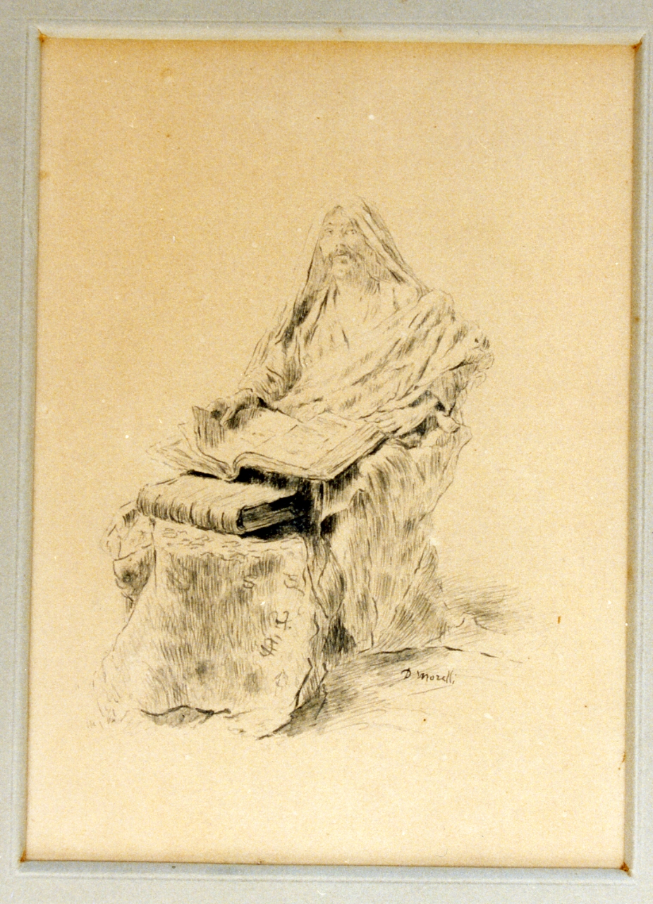 figura maschile seduta con libri (disegno) di Morelli Domenico (seconda metà sec. XIX)