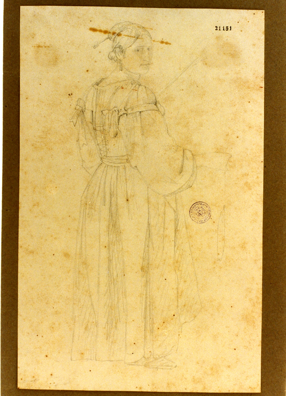 figura di contadina con fuso (disegno) di Rorbye Martinus Christian Wedseltoft (sec. XIX)