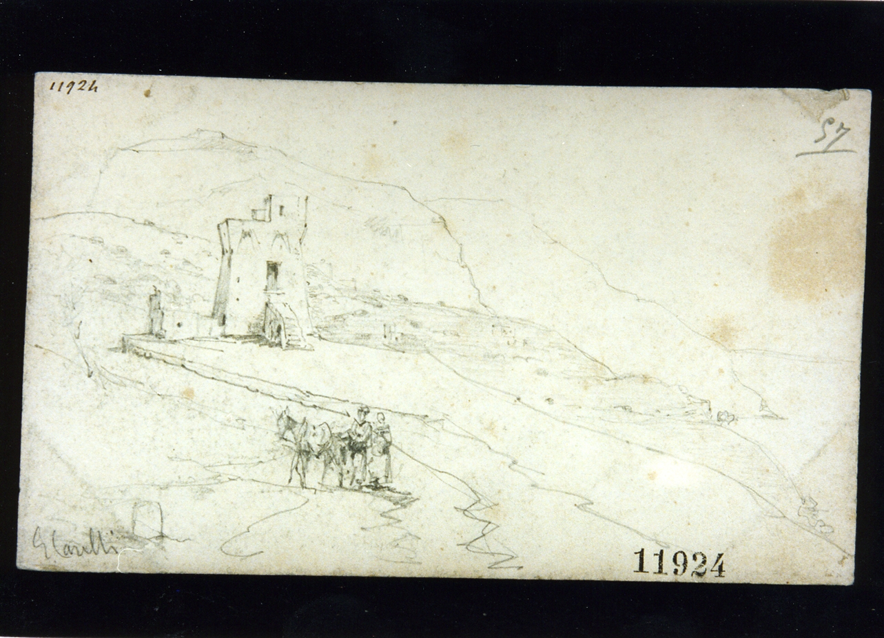 paesaggio costiero con torre e figure (disegno) di Carelli Consalvo (secc. XIX/ XX)