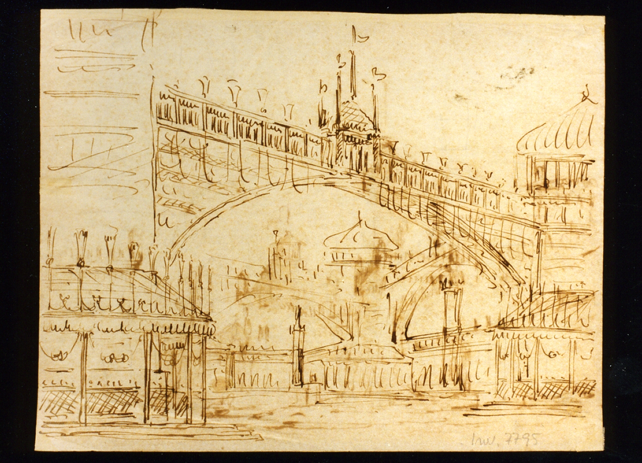 studio di scenografia con ponte e tende (disegno) di Niccolini Antonio (scuola) (prima metà sec. XIX)