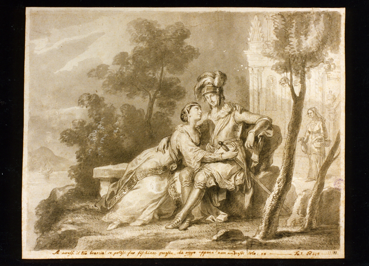 scena cavalleresca con dama e cavaliere (disegno) di Angiolini Napoleone (sec. XIX)